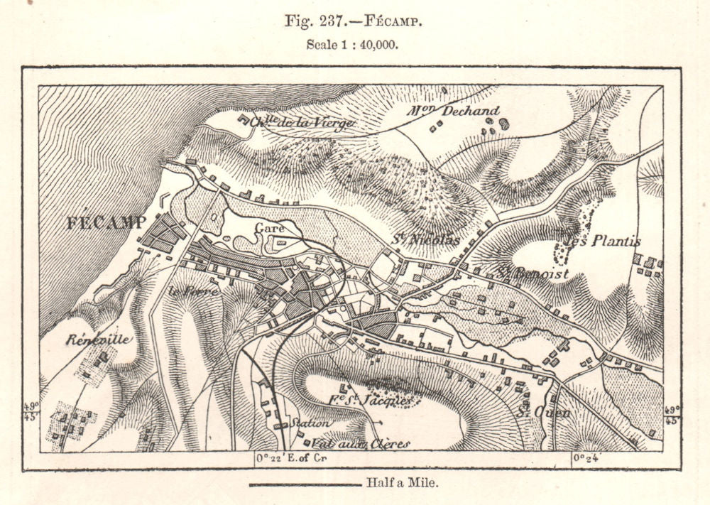Fécamp town plan. Fecamp. Seine-Maritime. Sketch map 1885 old antique